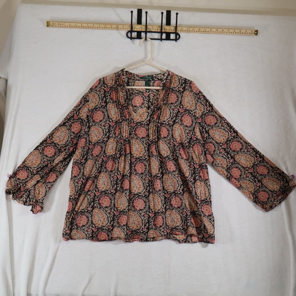 Lauren Ralph Lauren Women's 1X Paisley Floral Print Blouse 100% Cotton V-Neck